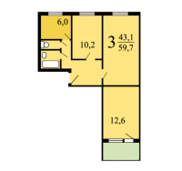3-комнатная, квартира, 59.2 м²